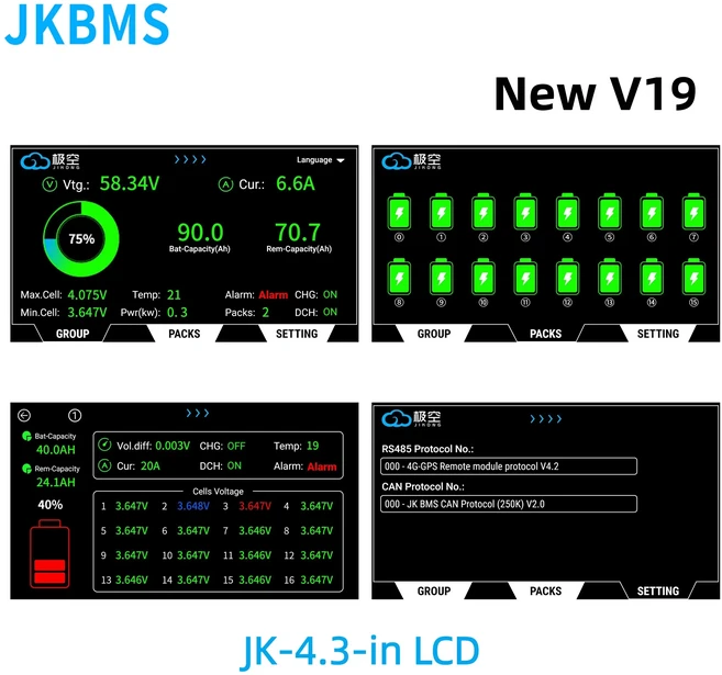 JKBMS JIKONG V19 인버터 스마트 8S 16S 24V 150A Lifepo4/Li-ion/LTO 액티브 밸런서 가정용 에너지 저장 2, 02 JK-4.3 LCD V19