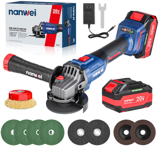 NANWEI 무선 충전식 전동 BLDC 브러시리스 그라인더 9800RPM 핸드 연마기/광택기 절단 절삭 연마 (3 가지 모드 조절) 전력량 표시 4.0AH 배터리 2개 풀세트