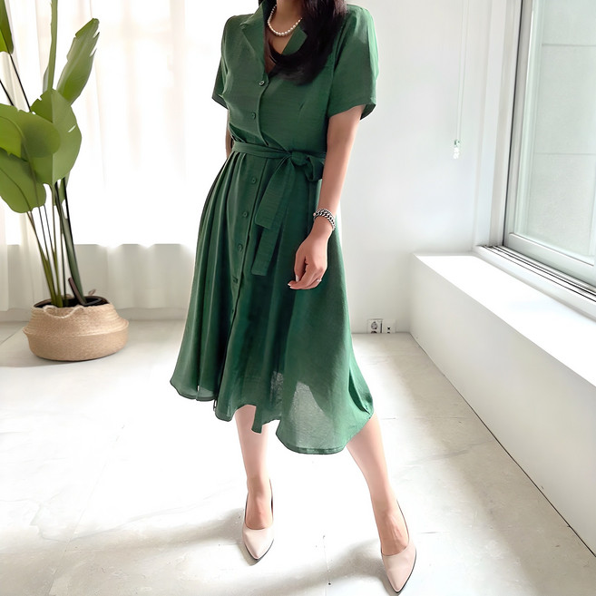 네모엔룩 여성용 카라포멀 정장 오피스 하객룩 허리끈 반소매 미디 원피스