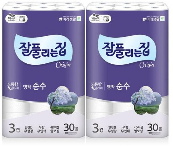 미래생활 잘풀리는집 명작 순수 3겹 무형광 화장지 30m 30롤 2팩