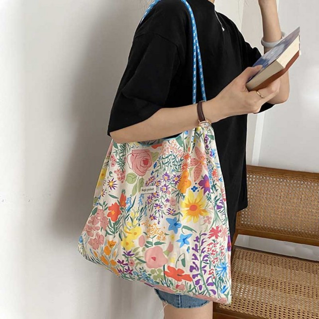 에코백 미니 휴대용 여성용 소형 꽃 캔버스 숄더백 대용량 캐주얼 토트 쇼핑백