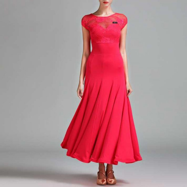 현대무용 모던댄스 드레스 볼륨 왈츠 반팔소매 연습 공연 유니폼, 탱고레드