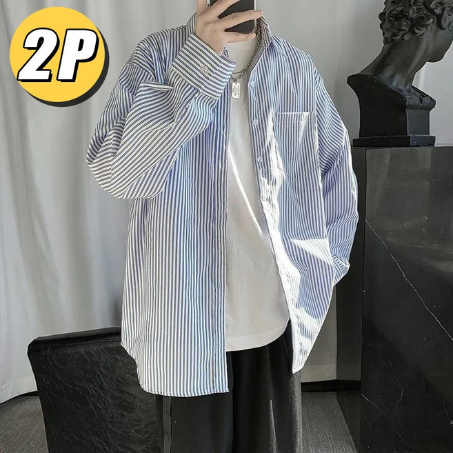 2p 빅사이즈 남자 줄무늬 셔츠 오버핏 간절기 세로 스트라이프 긴팔 셔츠 남방