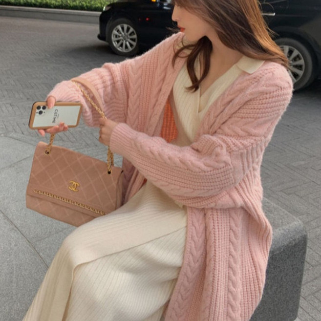 꽈배기 니트 루즈핏 롱 가디건