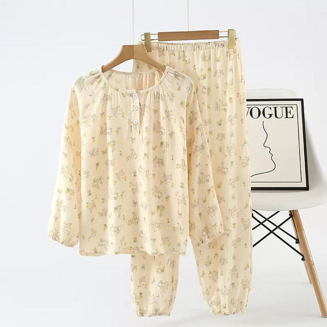 여성 순면 봄가을 긴팔 긴바지 잠옷 소프트 라운드 홈웨어 상하세트 고급 루즈핏 편안한 외출용 셔츠 투피스