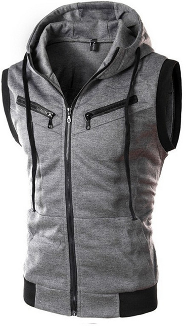 해피유통 남성 슬림 니트 나시 민소매 솔리드 캐주얼 집업 후드 베스트 jhwj
