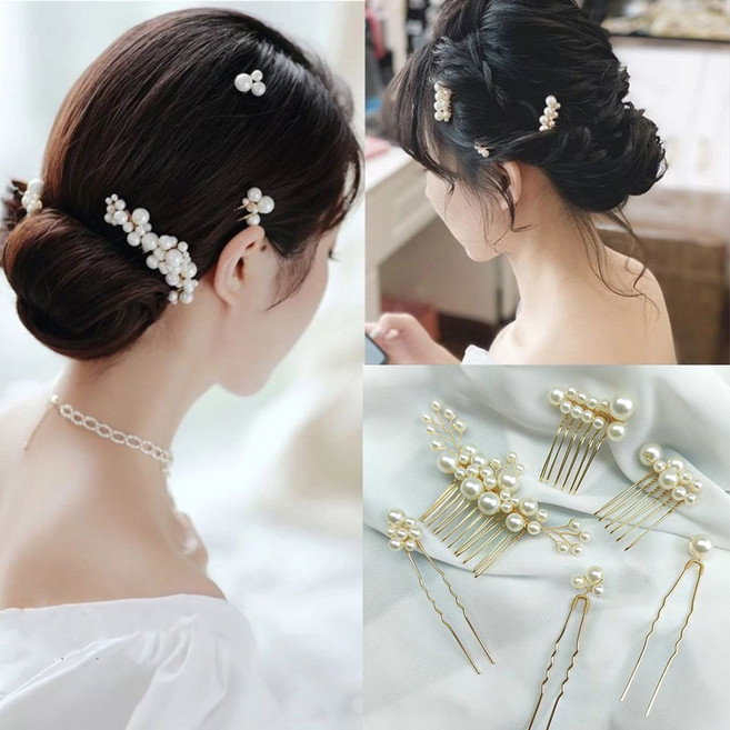 FANSYLI 웨딩헤어핀 한복 머리 장식 헤어코사지 웨딩케이 셀프 웨딩 헤어핀 뒤꽂이핀 진주 올림머리장식 핀 혼주 헤어핀 집게핀 6P 세트 W2504A23