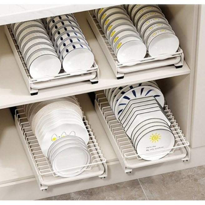 싱크대 하부장 정리 접시 그릇 정리대 무타공 레일 슬라이딩 주방 선반