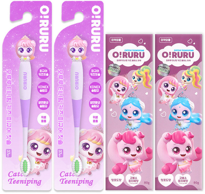 프린세스 캐치티니핑 오루루 피규어칫솔 + 고불소 치약, 2세트, 2개입, 아름핑+고불소치약