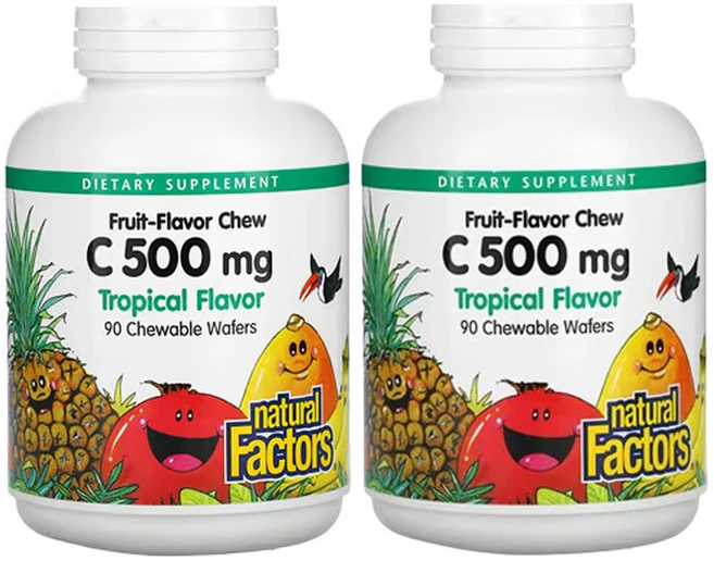 1+1 내추럴팩터스 비타민C 500mg 츄어블 90개 웨이퍼 트로피컬 아스코르브산 로즈힙, 2개, 90정 - 쿠팡