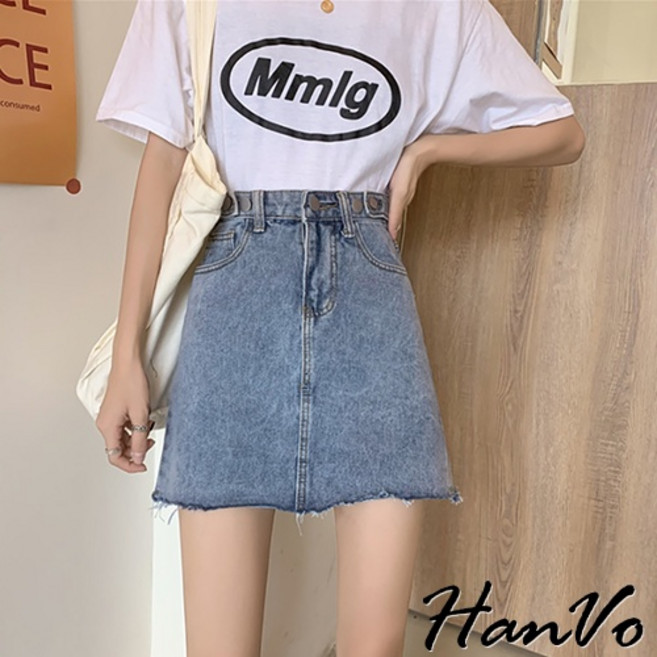 HanVo 百搭高腰不收邊牛仔裙 - 韓系修飾顯瘦A字裙