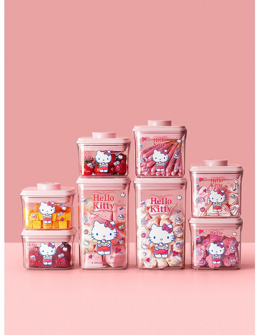 핑크 헬로키티 간식 시리얼 잡곡 보관 원터치 푸시 진공 밀폐용기 4사이즈 320ml, 900ml