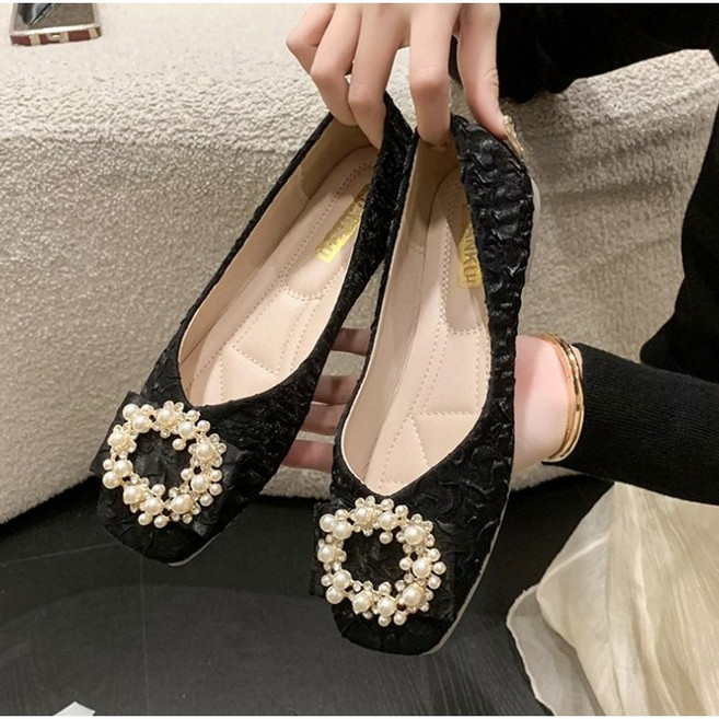 MIROSE 사각코 진주장식 플랫슈즈 발편한 단화 블링블링