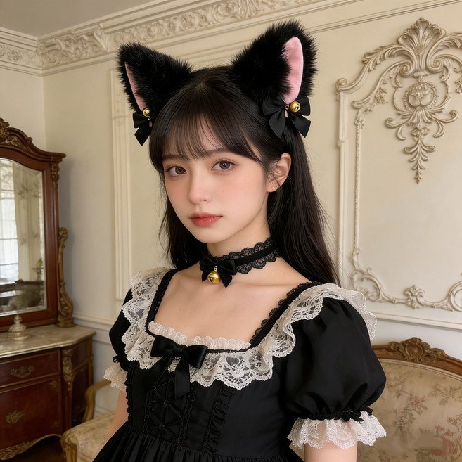 고양이머리띠 초커목걸이 2P 세트 할로윈파티 코스튬 헤어소품, 1세트, 뽀글이머리띠+골드 방울