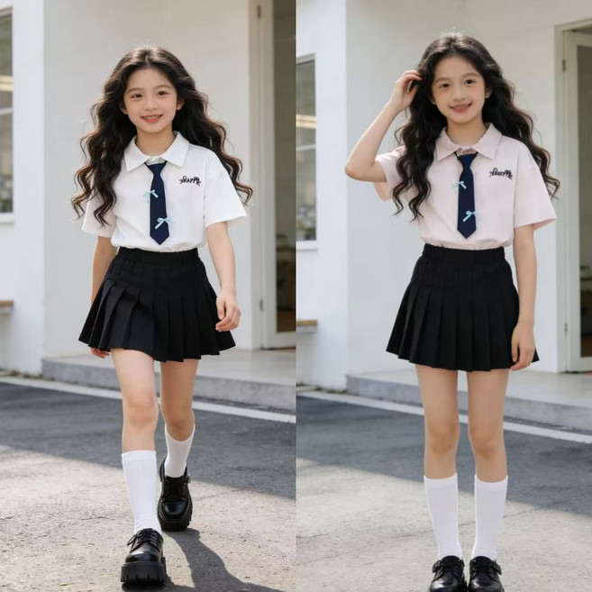 하와즈 [넥타이세트] 주니어 리본 학생 반팔 카라 자수티셔츠