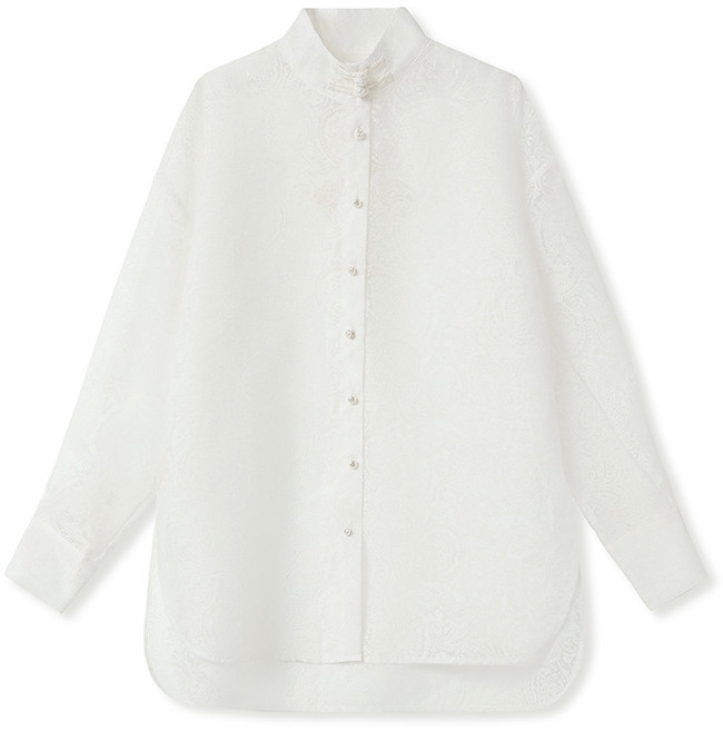 【新中式盤扣】立領上衣 襯衫女 春季上衣 新款女裝 透視襯衫 腰果花圖案 設計感小眾 薄款打底衫 通勤約會穿搭