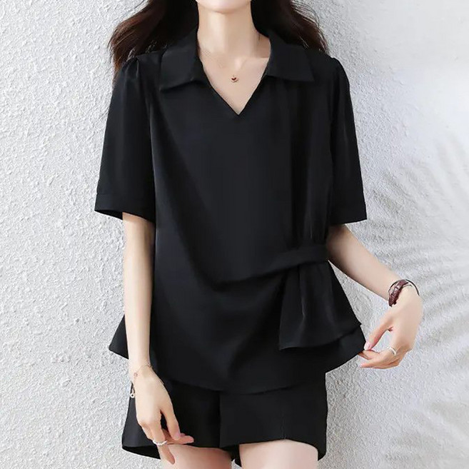 ROYALBELLE 여성 빅사이즈 미디 루즈핏 브이넥 반팔 쉬폰 블라우스