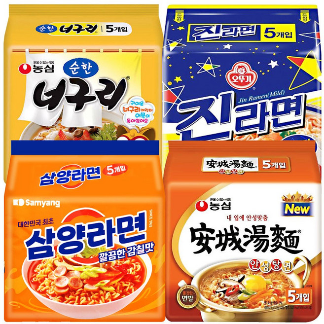 봉지라면 4종 번들 (농심_너구리순한맛+안성탕면+삼양라면+오뚜기_진라면순한맛), 1세트