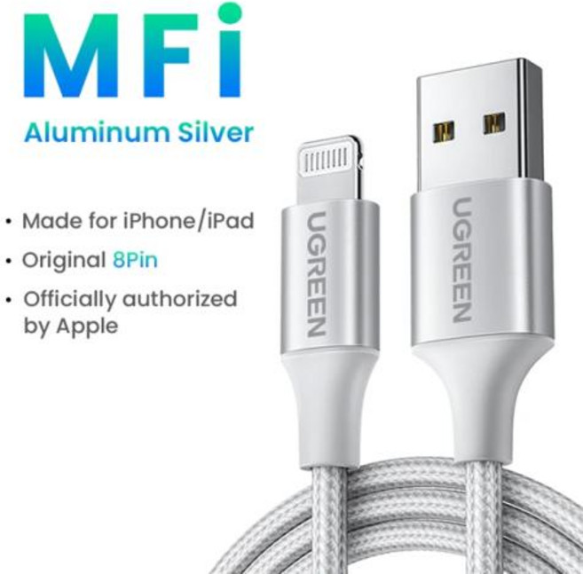UGREEN-MFi USB to 라이트닝 케이블 아이폰용 아이폰 14 13 12 프로 맥스 아이패드용 24 a 고속 충전 데이터 케이블, Aluminum Silver_1m, 1개, 02 Aluminum Silver_02 1m