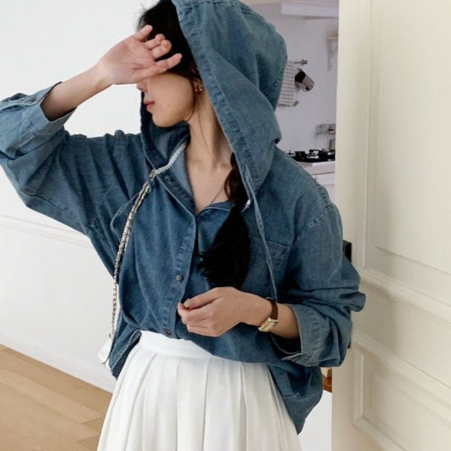 로디 청남방)후드청남방 후드데님셔츠 모자달림 모자남방 후드셔츠 루즈핏 박시핏 워싱 연청색 중청색 청남방 긴소매 데님자켓