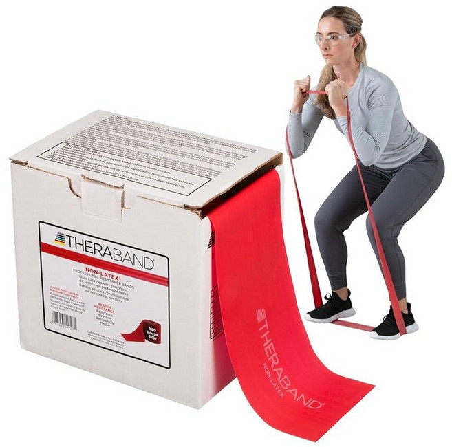 THERABAND 저항 밴드 45.2m(50야드) 롤 헤비 그린 논 라텍스 전문 탄성 밴드 상체 및 하체 운동 물리 치료 필라테스 및 재활용 디스펜서 박스 레벨 4, Non-Latex, Red | Medium