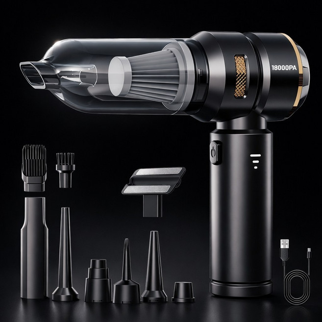 차량용 무선청소기 브러시리스 대흡력 휴대용 청소기/차량용/가정용/애견멀티청소기18000pa, 블랙, HL-121