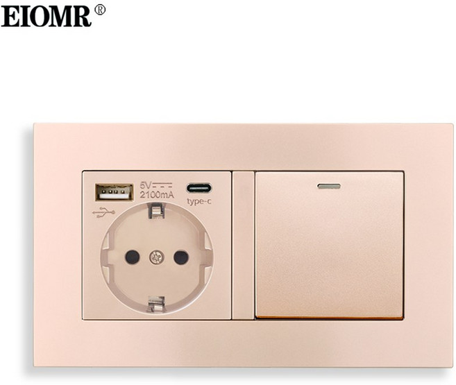 EIOMR 벽 전원 1 갱 스위치 소켓 조합 5V 2100mA USB 유형 c 벽 빠른 충전 포트 표준 전기 콘센트, 1개, 4) A1 Gold with USB - 1 Gang 2