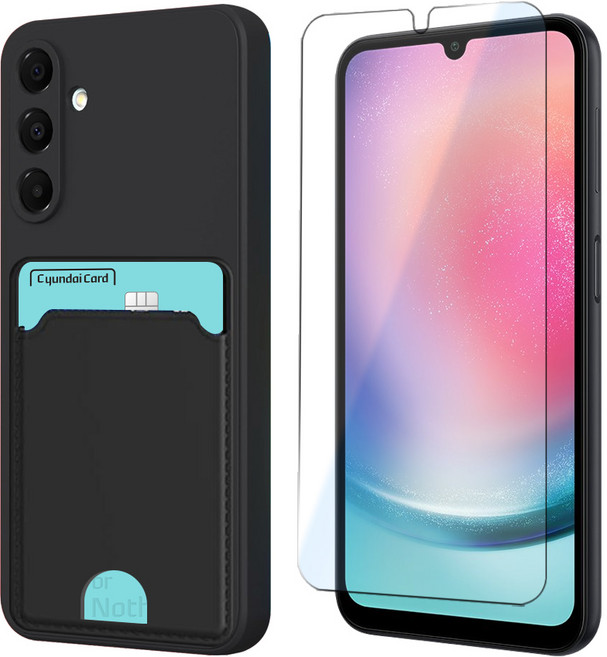 갤럭시 A24 카드 수납 카메라보호 컬러 휴대폰 케이스 + 강화유리 액정보호 필름