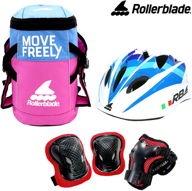인라인 자전거 가방 헬멧 보호대 롤러블레이드 어린이 유아 보호장비 레드블랙, 가방_핑크블루/헬멧_블루:보호대_레드M