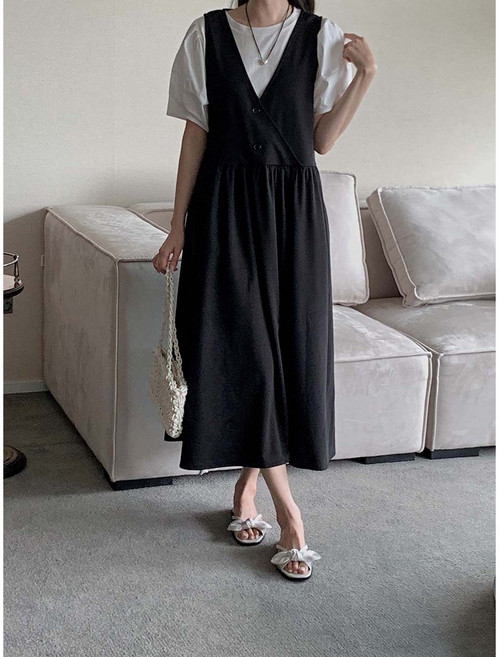 LIONHU [국내제작] 데일리 레이어드 브이넥 롱 원피스 뷔스티에 빅사이즈 조끼원피스