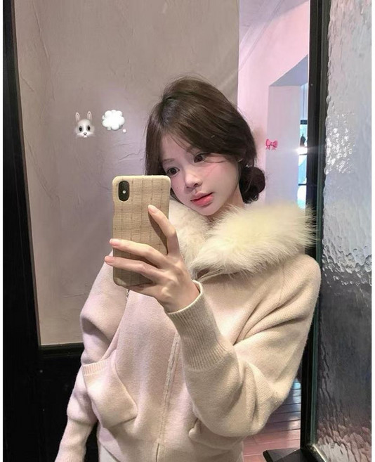 miu系溫柔粉色毛領連帽毛衣外套 女秋冬設計感百搭針織衫上衣