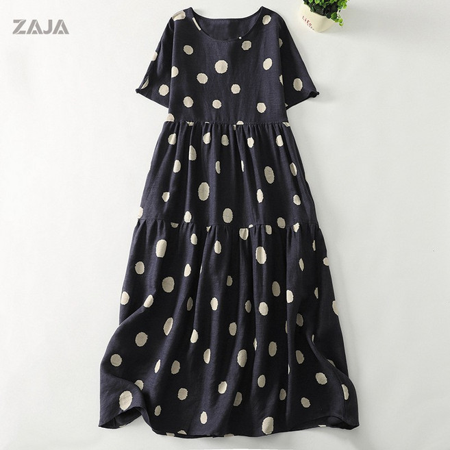 ZAJA 여름 여성 심플 면 마 롱 원피스 도트 바캉스 원피스