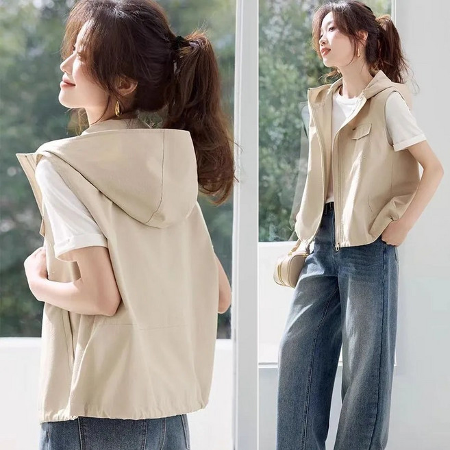 더블유앤케이 조끼 여성 운동 옥외 통기 캐주얼 민소매 후드 조끼 베스트