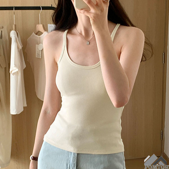 POMTOR 여성 민소매 티셔츠 여성용 데일리 나시 여성 슬림 베이직 스판 끈나시