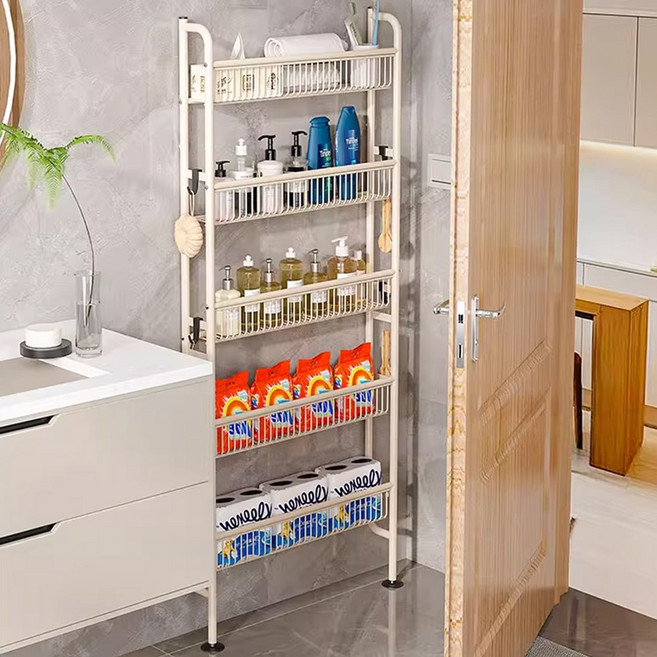 수수보따리 무타공 문뒤 수납 선반 공간활용 틈새선반 5단 다용도수납 정리함 스탠드선반 소품걸이, 아이보리, 1개