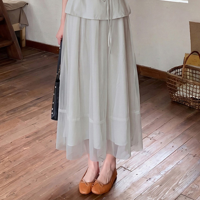 SOSISI 여성 여름 하객룩민소매 허리끈 플라우스 + A 라인 쉬폰 롱 스커트 세트 262967