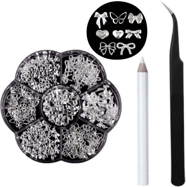 마이뷰티 네일 리본 하트 나비 파츠, 1세트, 은 파츠 + 네일핀셋 + 스톤피커