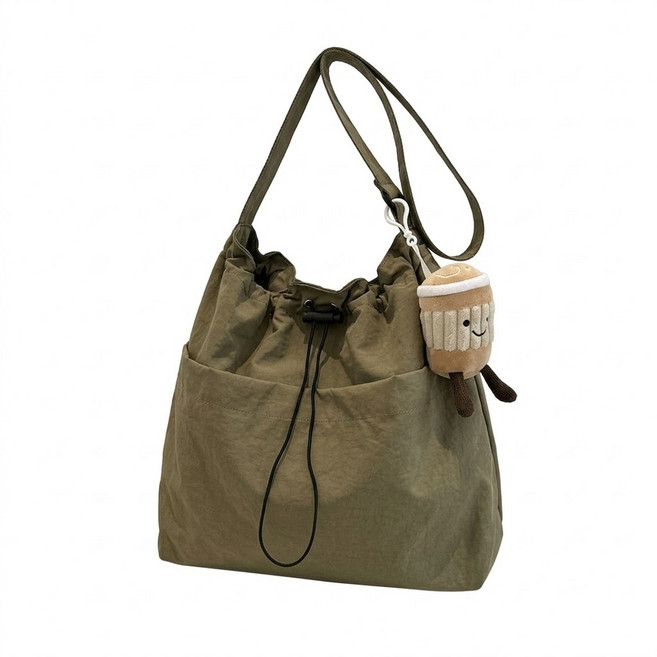 바스락 나일론 스트링백 숄더 크로스 복조리백 귀여운 라떼 키링 세트