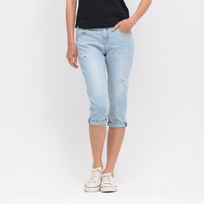 [잠뱅이] 여성 배기핏 7부롤업 데님 팬츠 라이트블루