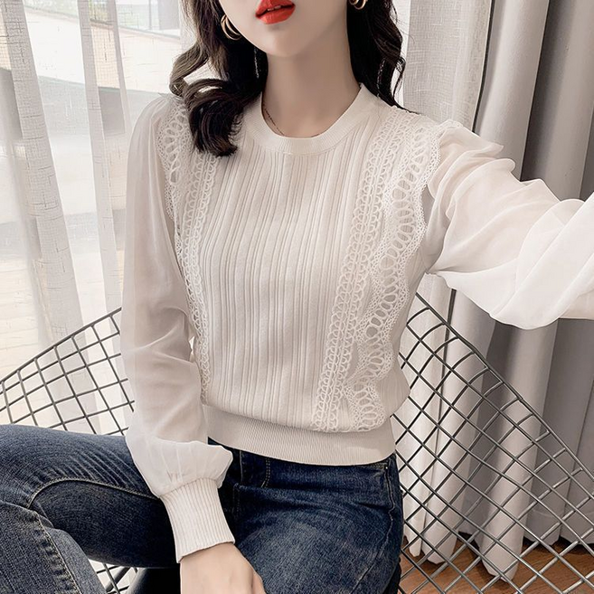 COSYEVNO 여성 봄철 니트 시스루 소매 퍼프 블라우스 LFHxfs-4