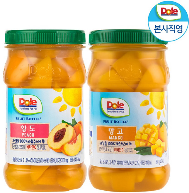 Dole 돌 후룻바틀 과일 통조림 2팩 4종 - 파인애플 망고 황도 트로피칼 복숭아, 후룻바틀 망고 666gx1개, 후룻바틀 황도 666gx1개, 후룻바틀 망고 666gx1개