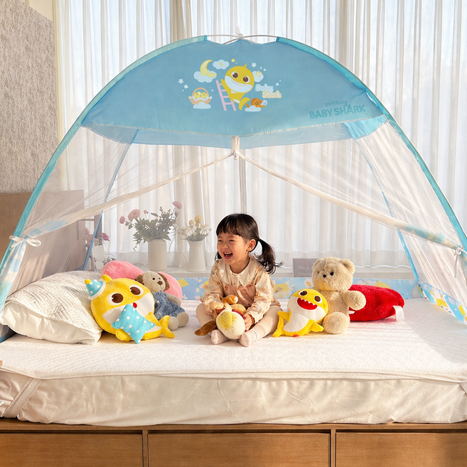 26년 NEW 핑크퐁 아기상어 유아 원터치 모기장 텐트 캐릭터 1인용, 스카이블루