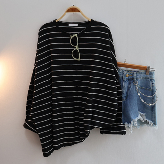 스카이코코 얇은 긴팔 티셔츠 스트라이프 버블단박스티