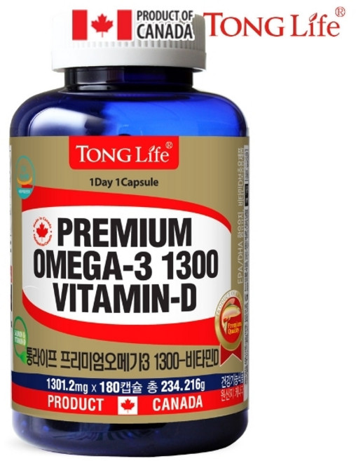 Canada 캐나다정품 통라이프-프리미엄오메가3 1300+비타민D 6개월분-혈행 기억력개선 칼슘과인흡수도움-1병, 1개, 180정
