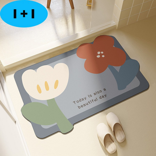 1+1부드러운 플라워 패턴 규조 머드 매트 속건 미끄럼 방지, 라이트 블루, 2개