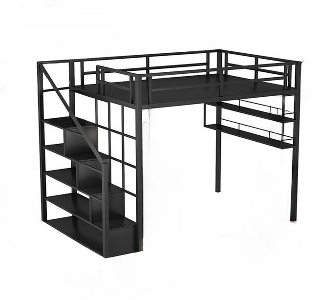 2층침대매트리스 북유럽 철제 침대 아래 시트 위층 로프트 소형 공간 프레임 원룸 풀세트, B. 블랙 (책장 포함)