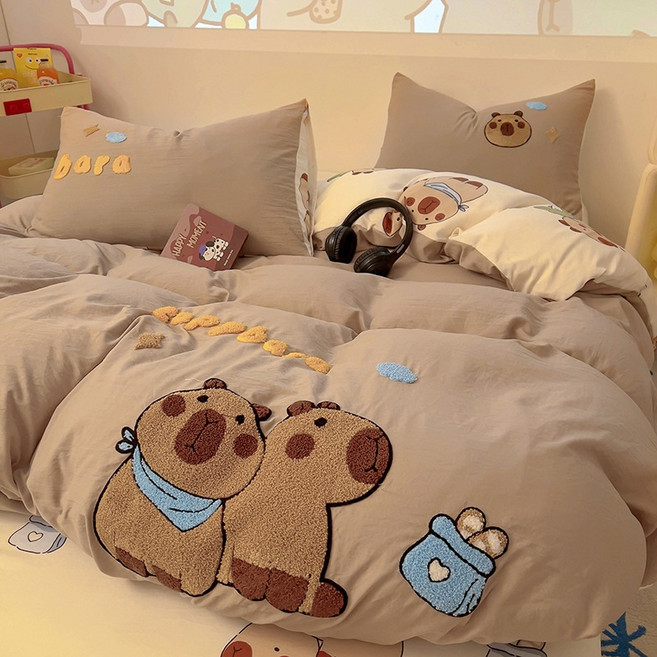 초극세사 구름면 타월 자수 4종 세트 귀여운 캐릭터 이불 커버 침대 시트 순면 3종 세트