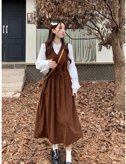 코듀로이 봄옷 세미 트리밍 A라인 스커트 브이넥 멜빵 원피스 여 세트 스커트