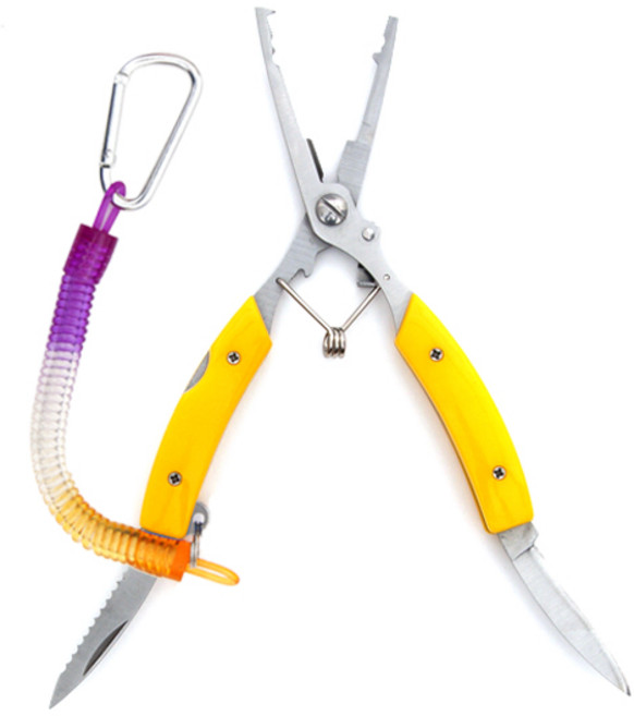 다기능 낚시 플라이어 옐로우 / 낚시 합사가위 슬리브압착기 물고기집게 낚시가위 피싱가위 피싱그립 립그립 낚시니퍼 낚시바늘빼기 낚시용품, 다기능 낚시플라이어_옐로우, 1개