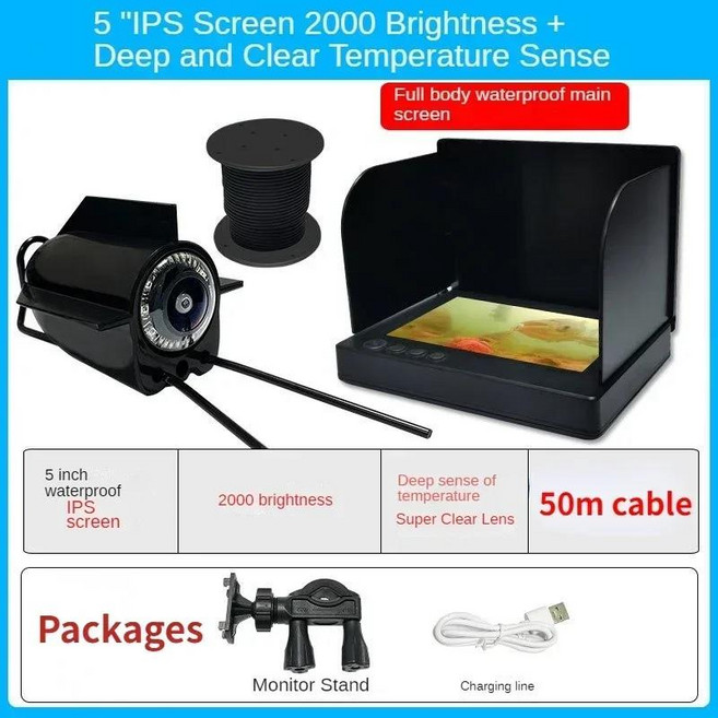 야간 투시경 수중 비주얼 HD 온도 깊이 감지 카메라 완전 방수 어군 탐지기 프로브 물고기 4.3 인치 5, 1개, 06 5.0inch 50m